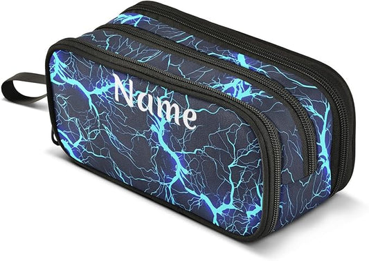 BOENLE Custom Dark Blue Electric Lightning Pencil Case Box Boys Girls Personalized Name Large Pencil Pouch Stationery Pen Bag Organizer for Kids Adults School Office
