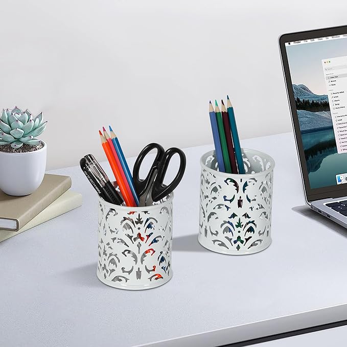 EasyPAG White Pen Holder for Desk, 2 Pack Round Pen Organizer, Brush Holder for Vanity, Metal Pencil Cup Organizer for Home, Office, Classroom, School