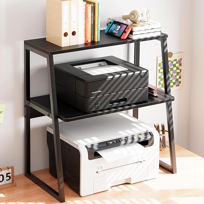 Arbuxzuy Printer Stand, Desktop Printer Shelf, 3 Tier Desk Shelf for top of Desk, Large Printer Stands Office Organization Shelves for Home Office Printer Fax Book, Black
