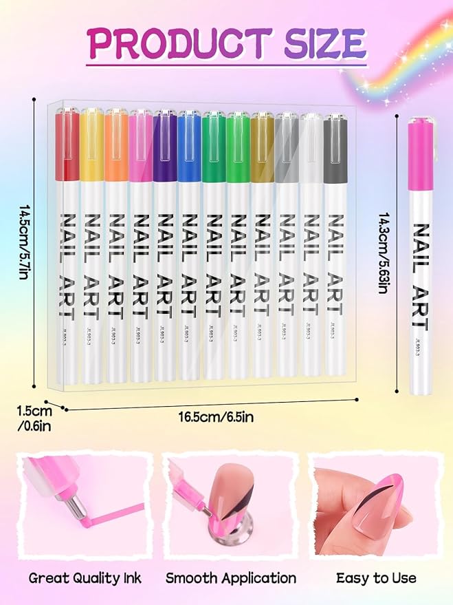 EBANKU 12 Color Nail Art Pens Set, 0.5 MM 3D Nail Polish Pens Acrylic Paint Pens Nail Markers for Nail Art Drawing Painting Nail Point Dotting Pen Nail Design Kit Home Nail Salon DIY