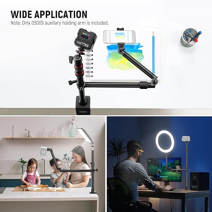 NEEWER Overhead Camera Mount Arm with Phone Clip, 22"/56cm 180°&360° 2 Section Flexible Holding Arm for Desk Stand, Fits 0.87"-1.1" Tube, 5.5lb/2.5kg Max Load for Camera LED Ring Light Mic, DS009