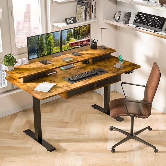 Kingant 63 x 30 Inch Electric Standing Desk with 4 Drawers, Adjustable Height Computer Desk for Home Office, Large Workstation Sit Stand Up Desk with Built-in USB A/C Charging Ports, Rustic Brown