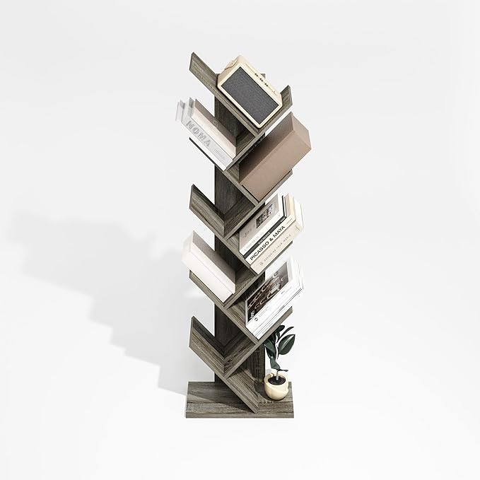 Furinno Tree Book Shelf, 9-Tier Bookshelf, Tree Bookcase for Room Decor, 8.4 x 15.7 x 50.9, for Living Room, Bedroom, Home Office, Grey Oak