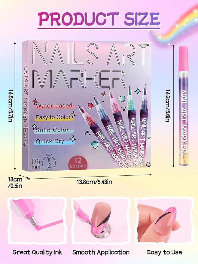 EBANKU 12 Colors Nail Art Pens Kit 0.5MM Ultra-Fine Tip 3D Nail Polish Pens Quick-Dry Acrylic Paint Pens Nail Markers Dotting Tools for Home & Salon Manicure