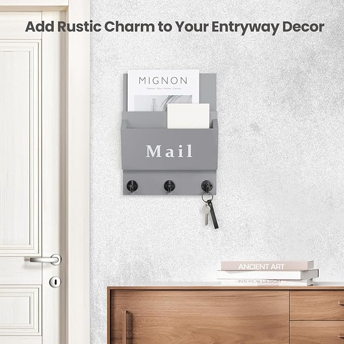 Lucundm Mail and Key Holder - Decorative 9.8" x 12.5" Wall Key Hanger with 2 Mail Organizer Slots and 3 Hooks - Real Paulownia Wood with Keyhole Brackets, Hardware and Instructions (Gray)