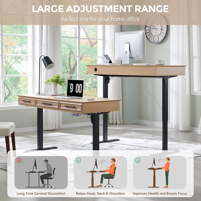 wow97e Electric Standing Desk with 3 Storage Drawers, 55x22 Inch Adjustable Height Office Computer Desk w/One-Piece Desktop & Power Outlets,Sit to Stand Up,Gaming Table for Study and Home, Natural Oak