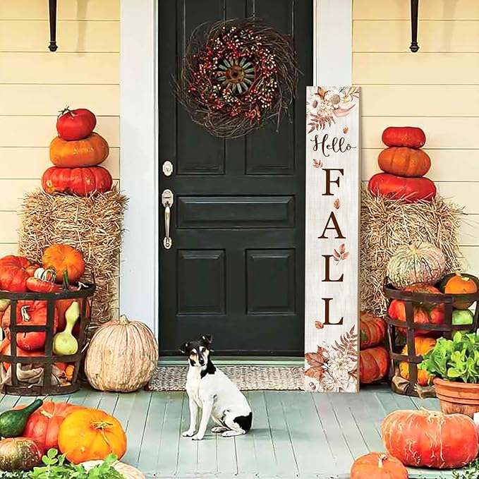 Hello Fall Porch Sign 47" Thanksgiving Day Wooden Door Sign Large Autumn Welcome Sign with Leaves Standing Front Door Decor for Home, Yard, and Fall Parties