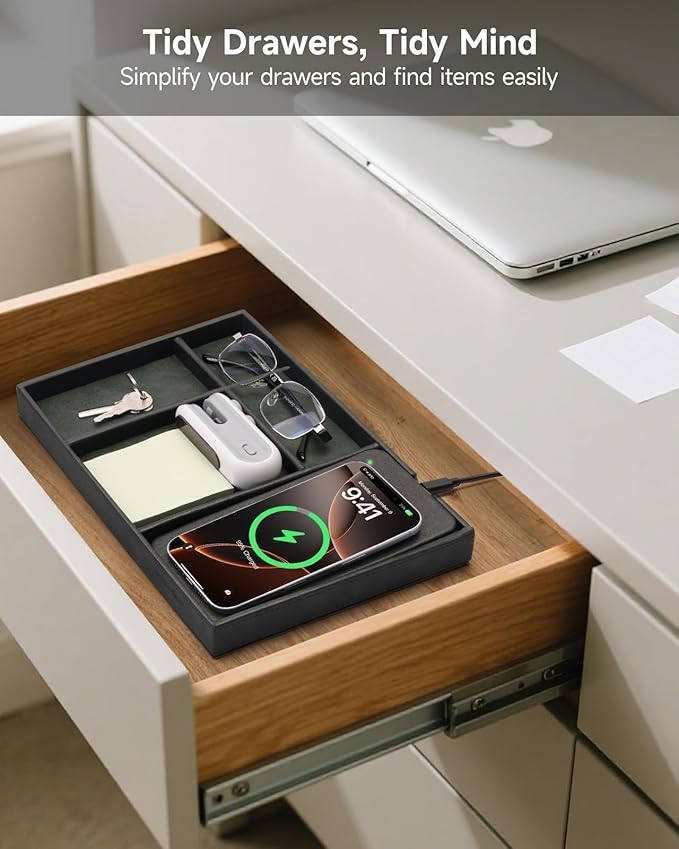 Valet Tray, Built in Wireless Charging Pad, Nightstand Organizer, Two-Toned Premium Vegan Leather Desk Bedside Caddy Organizer Tray for Keys, Watch, Wallet, Jewelry (Black+Green)