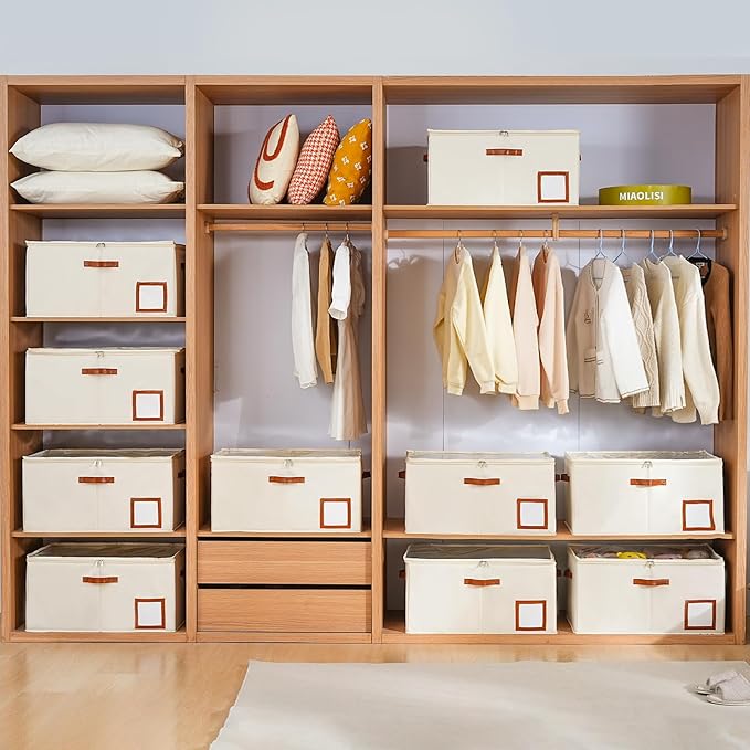 INSTY Shoe Organizer for Closet Fit 24 Pairs, Large Foldable Shoe Storage Containers Box Bin w/Adjustable Dividers and Clear Cover, Space Saving Shoe Storage Organizer Box, Beige