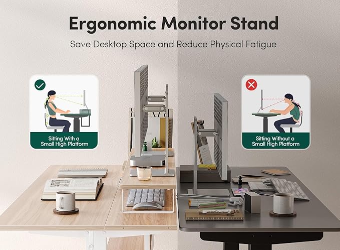 FEZIBO 55" Electric Standing Desk with Shelves, 55x24 Inches Sit Stand Rising Computer Desk with Monitor Shelf, Home Office Desks with Hook, Adjustable Height Stand Up Workstation Table, Light Walnut