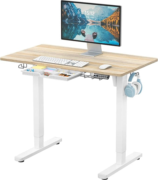 SHW 40-Inch Electric Height Adjustable Standing Desk with Drawer, Memory Preset and Cable Management Tray, Maple