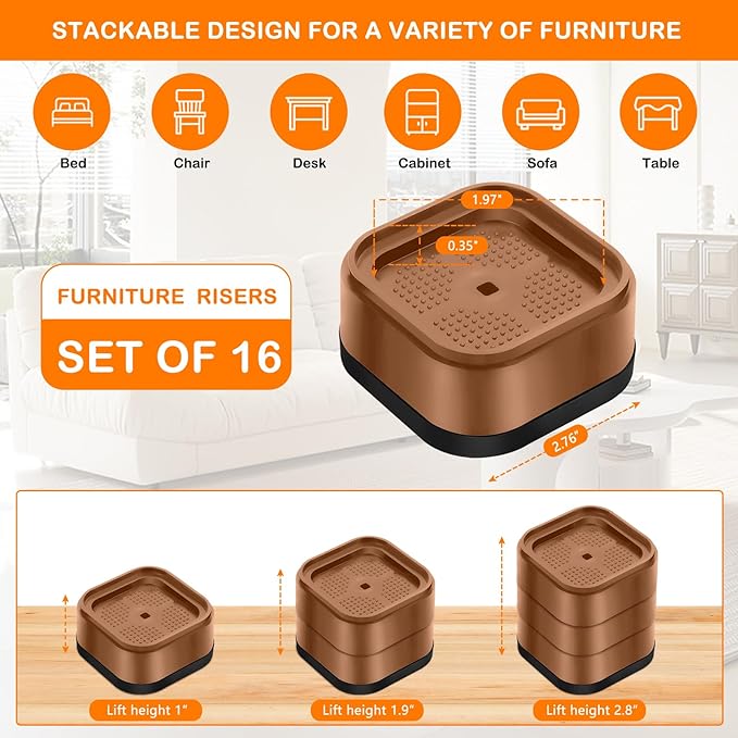 shouwuhho 16 Pack Furniture Risers Adjustable Bed Risers Heavy Duty Lifts Height 1", Square Stackable Bed Risers 1, 2 or 3 Inch for Desk Leg Table Couch Sofa Chair Bed Frame Legs Dorm, Brown