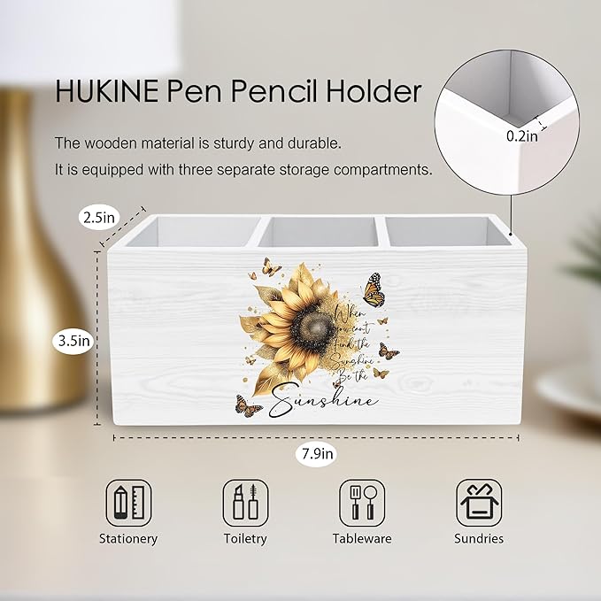 HUKINE Sunflower Inspirational Quotes Pen Holder for Desk Decoration, When You Can't Find the Sunshine Motivational Wooden Box Sign Pencil Holder Organizer for Home Office Desk Accessories