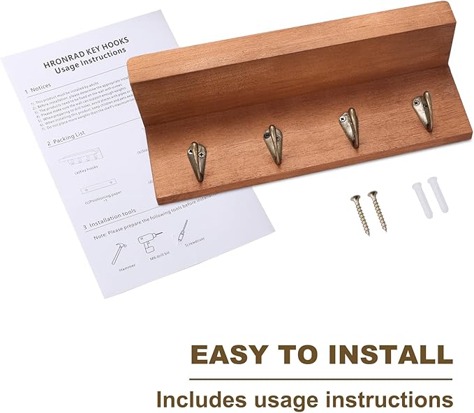 HRONRAD Rustic Key Holder for Wall, Farmhouse Wall Shelf with 4 Hooks, Wall Mounted Key Racks, Wooden Mail Organizer with Hooks for Entryway (Brown - Oak)