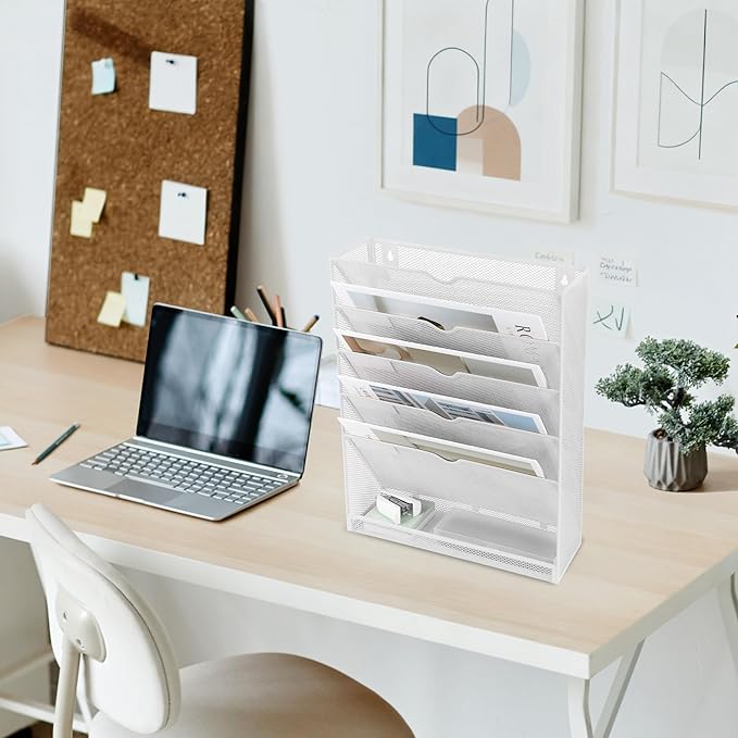 EASEPRES 6 Tier Mesh Hanging Wall File Organizer, Desk Vertical Mail Paper Document Folder Holder Rack with Bottom Tray and Nametag Label for Office Home School, White
