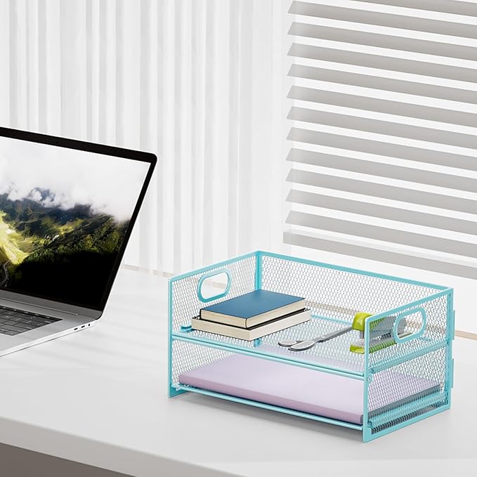 Marbrasse 2 Tier Paper Organizer Letter Tray, Mesh File Organizer with Handle, Paper Sorter Desk Organizer for Home Office Supplies - Blue