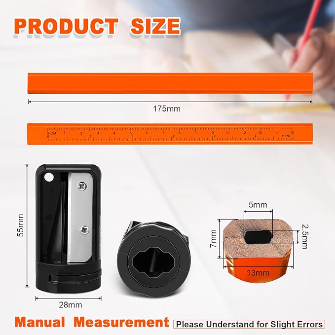 Honoson 200 Pcs Flat Construction Pencils with Printed Ruler Wood Graphite 2 Pcs Carpenter Pencil Sharpener for Woodworking Marking Tool(Orange)