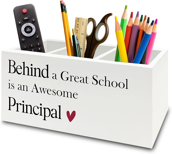 XPH Principal Gifts Pen Pencil Holder Organizer for Desk, Gifts for Principals Women Men, Behind a Great School Is an Awesome Principal Wooden Box Sign for Office Workplace Desk Tabletop Decorations