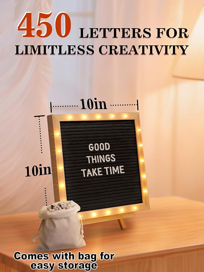 Changeable Felt Letter Board with LED Lights - 10×10" Message Custom Signs & Wood Stand & 450 Letters, Poster Board for Valentine's Day/Baby/Pregnancy Announcement/Classroom Wall Decor Gifts, Black