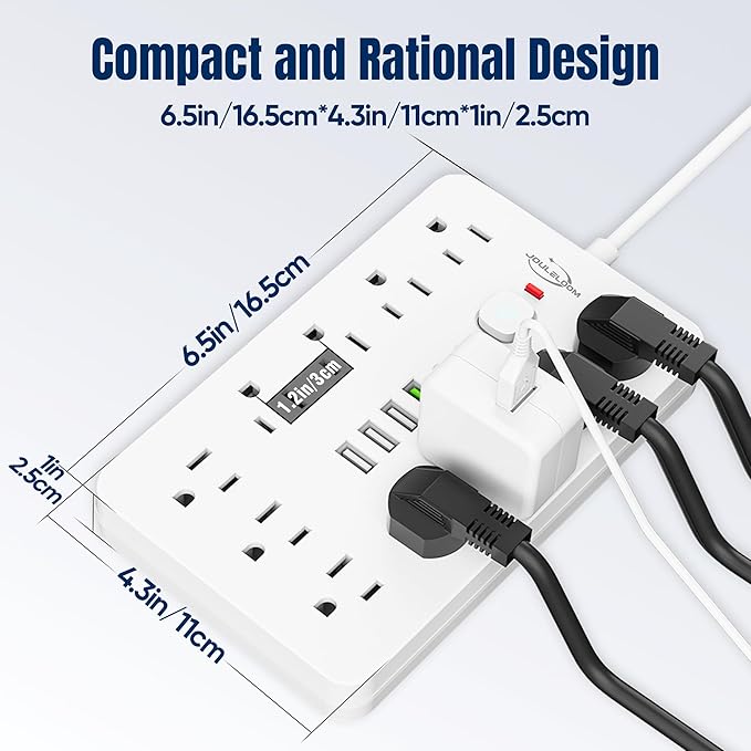 JouleLoom 2 Pack 6 FT Flat Plug Surge Protector Power Strip,11 Multiple AC Outlets with 6 USB Ports (2 USB C), 6 Feet Extension Cord, 1250W/10A, One Touch Switch Button, 17 in 1 Compact powerstrip