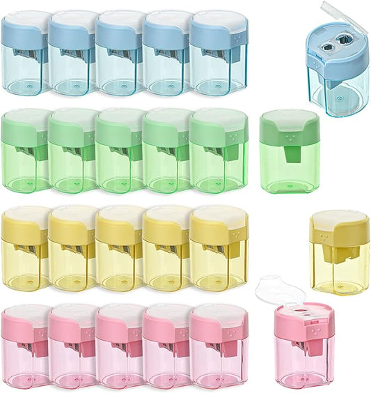 Small Pencil Sharpener for Kids, BOPART 24pcs Colored Pencil Sharpeners Manual Handheld Pencil Sharpener in Bulk for School Classroom Home Office, Dual Holes Sharpener Work on Crayon or Makeup Pencils