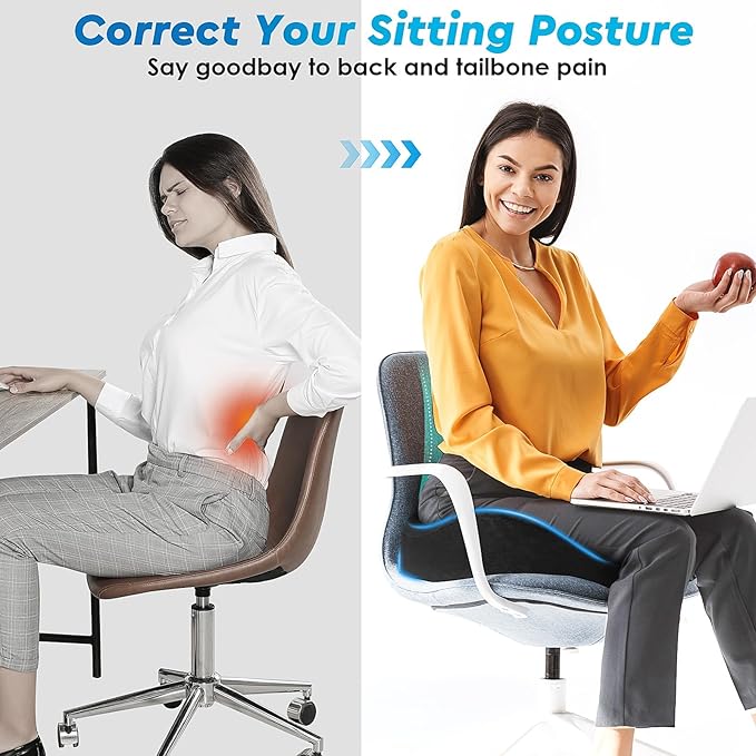 CushyOasis Seat Cushion, Gel Chair Cushions, Office Chair Cushions, Anti-Slip Bottom & Removable Cover Tailbone Pain Relief Cushion, Memory Foam Seat Cushion, 5.28 in Thick (Black)