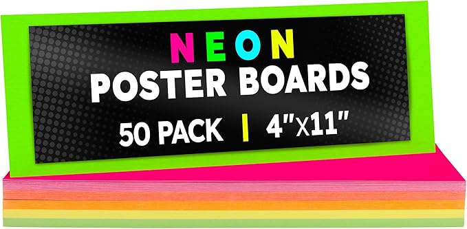 Hygloss Small Poster Board 4x11 - 50 Assorted Neon Color Poster Boards Bulk Pack - 10 Pt. Thickness Colored Poster Board Paper for Projects, Flash Cards, Signs - Posterboard Multipack 4" x 11"