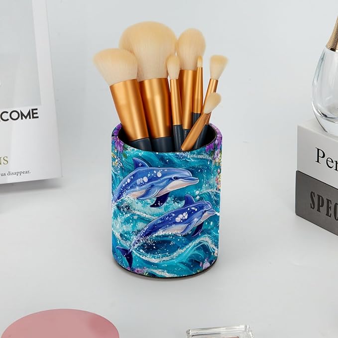Leather Pen Holder for Desk, Dolphins Flowers Pencil Cup Desktop Organizer Makeup Brush Holders Office Supplies for Home, Kids & School