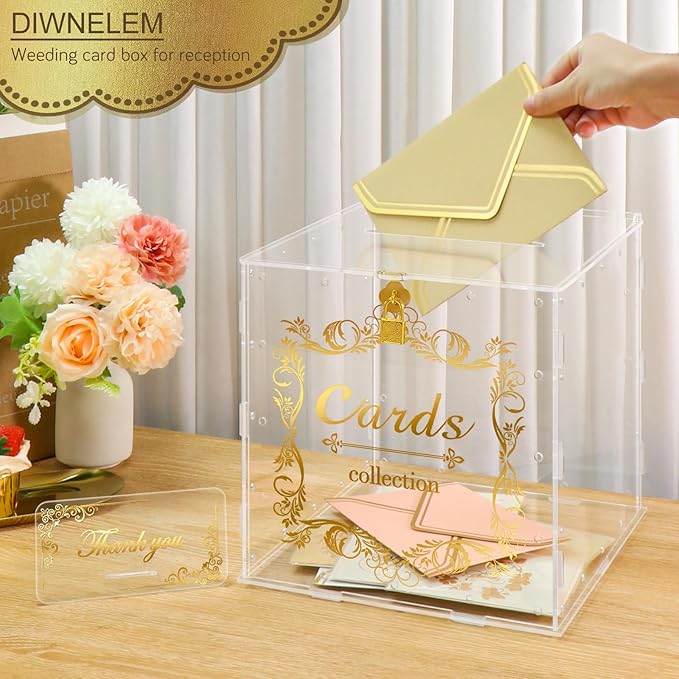 DIWNELEM Acrylic Wedding Card Box with Lock String Light Clear Large Card Box for Wedding Letter Box Envelope Box Acrylic Gift Card Box Money Box for Party Birthday Reception