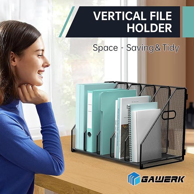 Gawerk 2 Pack Desktop File Magazine Folder Holder 5 Vertical Compartments, Desk Organizer Vertical Magazine Folder Organize with Side Handles, for Office Home School, Black