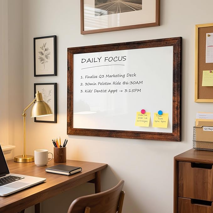 White Board for Wall, 24'' x 18'' Magnetic Dry Erase Board, Decorative Whiteboard, Brown Vintage Wooden Frame