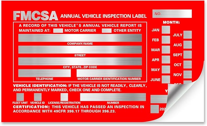 Annual Vehicle Inspection Report Form 25-pk 3-Ply Carbonless, 8.5" x 11.75" + Label Aluminum, Permanent Adhesive 6" x 3.5"
