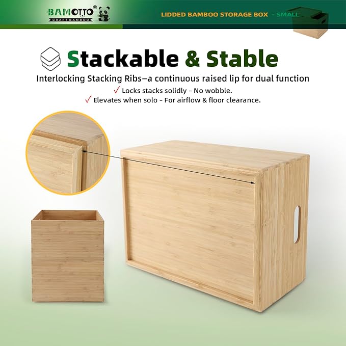 BAMOTTO Lidded Bamboo Storage Bins & Box/Cube/Basket, Home Kitchen and Office Storage Boxes with Handles & Stackable for Organizer Tableware, Clothing, Toys, Office Shelf Books, 10.2”x7.3”x6.5”