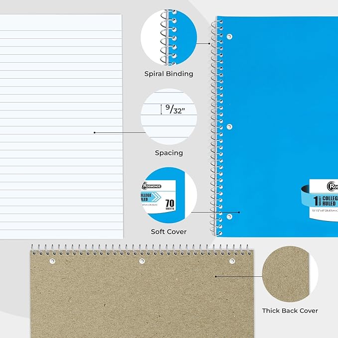 Rosmonde 5000 Packs (Pallet) 1 Subject Notebooks, Spiral Notebook Bulk, College Ruled, 70 Sheets (140 pages), 8 x 10-1/2", Bulk Spiral Notebooks for School Districts & Office, 4-7 Days Transit