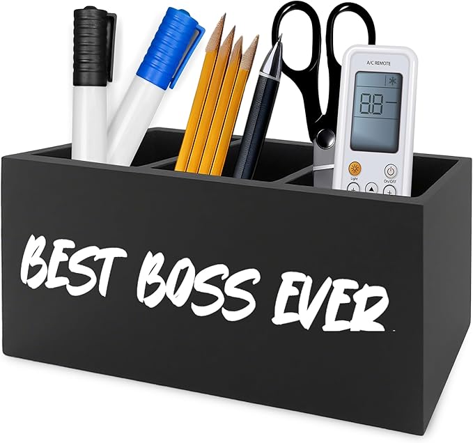 QZQE Boss Gifts Pen Pencil Holder Organizer for Desk, Bosses Leader Appreciation Gifts, Best Boss Ever Wooden Box Signs Decorations for Home Workplace Office Desk Tabletop