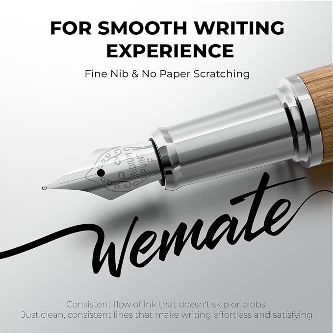 WEMATE Fountain Pen Set, Fine Nib, 20PCS 2.6MM Ink Cartridges(10 Black&10 Blue), 1 Ink Converter, Smooth Writing, No Skips, Nice Gift for Men, Women, Cool Wood Fountain Pen for Writing, Calligraphy