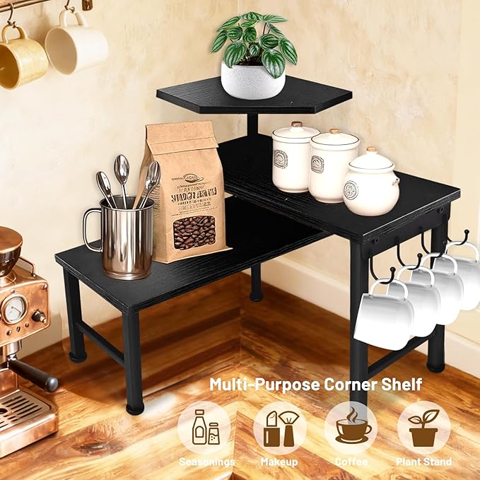 Uniqcovosa Bathroom Counter Organizer, 3 Tier Moveable Black Corner Shelf with Hook, Countertop Organizer for Bathroom, Dresser Table, Makeup Vanity Desktop,Desk Shelf (Black)