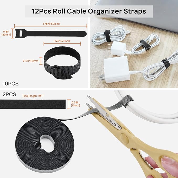Ditar Cable Management Kit - 4 Cable Sleeve, 57 Self Adhesive Cable Clips, 12 Hanging Strips, 12 Cable Organizer Straps and 100 Fastening Cable Ties for TV Computer Under Desk (Black and White)