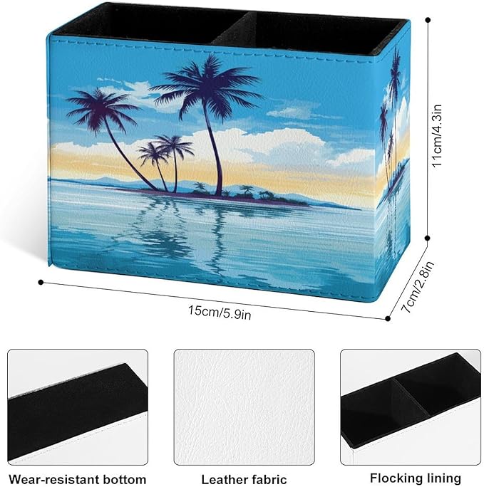 Famame Tropical Island Palm Trees Pencil Holder for Desk, Leather Desktop Container Pen Cup Storage Study Table Pen Organizer Makeup Brush Holder for Classroom Office Home