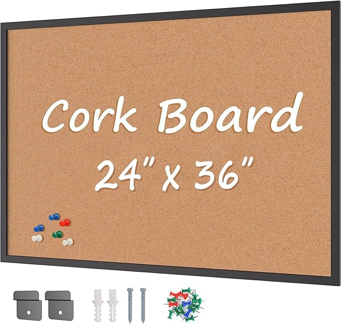Board2by Cork Board Bulletin Board 24 x 36, Black Wood Framed 2x3 Corkboard, Office Board for Wall Cork, Large Wall Mounted Notice Pin Board with 16 Push Pins for School, Home & Office
