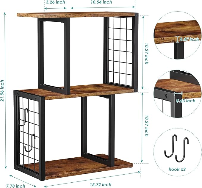 Vfelf Desktop Bookshelf,3-Tier Desk Organizer Shelf with Hooks Desk Organization Deals for Office Storage Rustic Brown