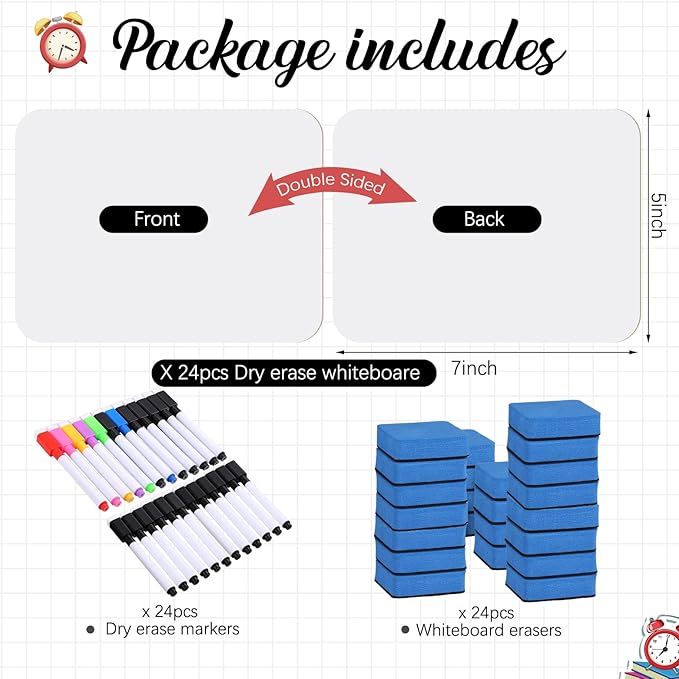 Affrolling 24 Sets Small Whiteboard Dry Erase Boards 5" x7'' Mini Double Sided Dry Erase Lap Boards with Markers Erasers Pen Holders Personal Whiteboards for Students Classroom Teacher