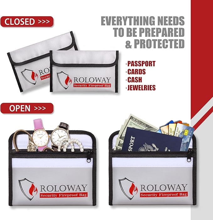 ROLOWAY Small Fireproof Bag (5 x 8 inches), Non-itchy Fireproof Money Bag for Cash, Valuables, Passport, Currency & Keys (2-Pack Silver)