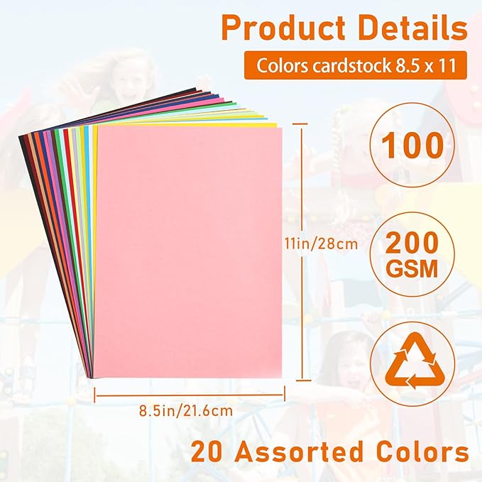 100 Sheets 20 Assorted Colors Cardstock 8.5 x 11 Craft Paper, 200gsm/75lb Heavyweight Paper Card Stock for DIY Cards Making, Wedding Invitations, School Scrapbooking, Party Decorations