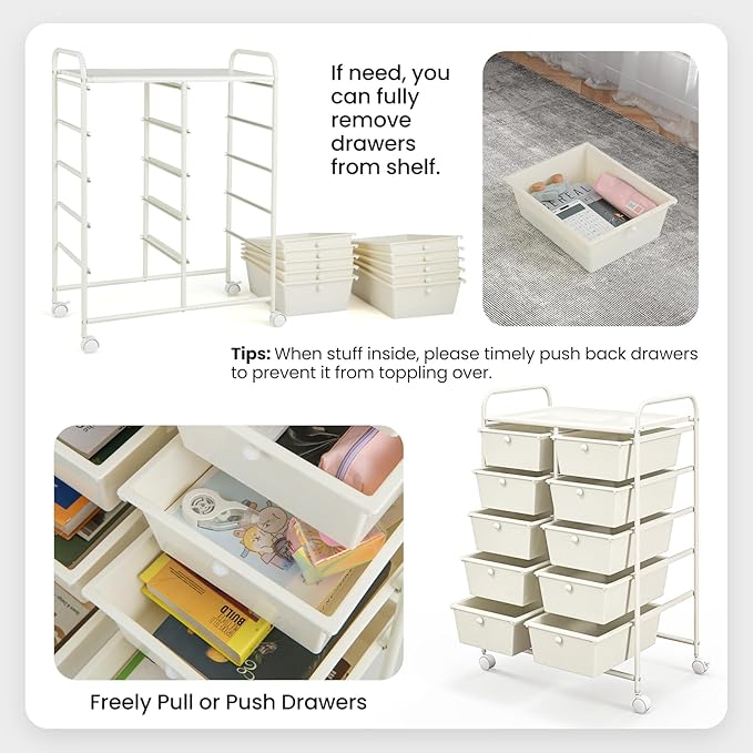 GLACER 10 Drawer Rolling Cart, Storage Cart with Lockable Whieels & Metal Frame, Trolley for Art Craft Oganizer, Mobile Utility Cart for Office, School, Classroom, Kitchen (Ivory Color)