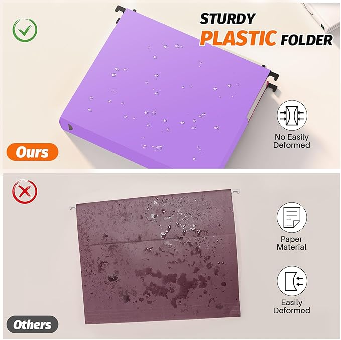 Shutex Extra Capacity Plastic Hanging File Folders,12 Pack Reinforced Expanding Hang Folder Letter Size,Accordian Pocket,Heavy Duty 2 Inch Expansion,Hanging Folder Organizer for Office Home,Purple
