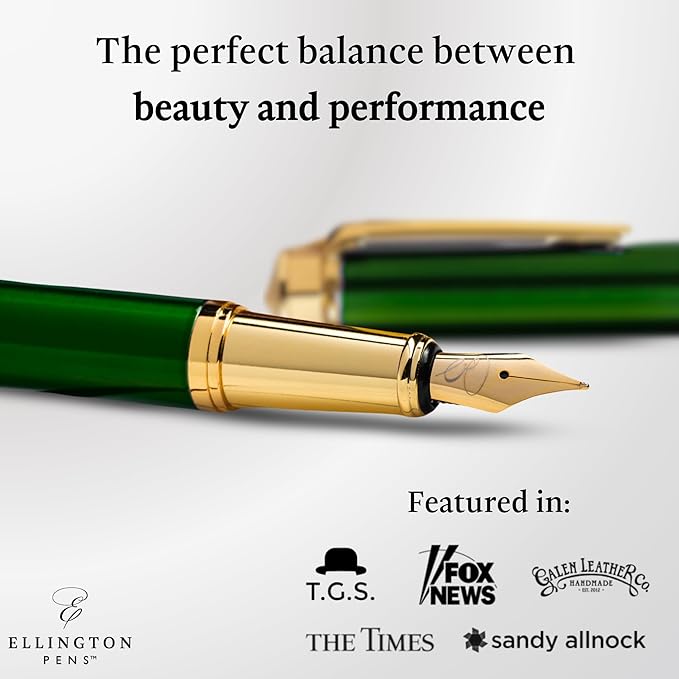 Ellington Pens Luxury Fountain Pen Set - Smooth Fine Nib - Includes 3 Ink Cartridges, Refillable Ink Converter, Box - Fountain Pens For Writing, Calligraphy, Journaling, Sketching (Emerald Enigma)