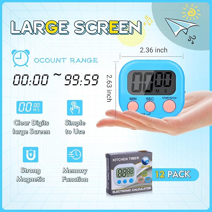 Mwellewm 24 Pcs Digital Timers for Classroom Kitchen Timers for Cooking Small Magnetic Stopwatch 6 Colors Mini Countdown Timer Loud Alarm Stop for Study Work Baking Sports Games Office Timer Clock