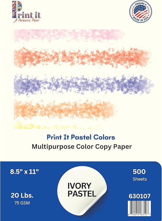 Printit Colors Multipurpose Paper, 20 lbs., 8.5" x 11", Ivory, 500 Sheets/Ream – Premium Colored Copy Paper for Printing, School, and Office Use