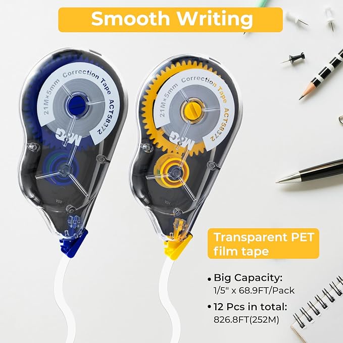 M&G 12 pack 68.9 Feet correction tape,826.8FT/ 252M in total, Correction tape bulk for Office, Note Taking, Journal,Easy to Use Applicator for Instant Corrections